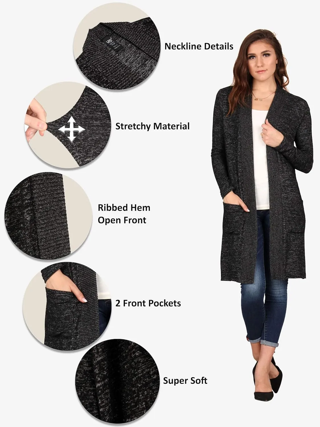 Lildy Women's Open Front Pocket Cardigan, Lightweight Casual Super Soft Stretchable Cozy Material