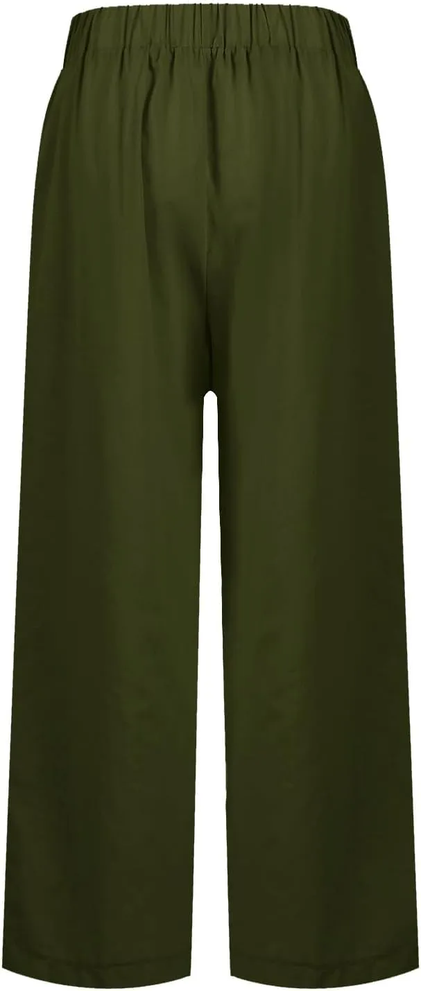 Linen Cropped Pants for Women Summer Trousers Plus Size Pants Trendy Drawstring Elastic Waist Joggers with Pockets
