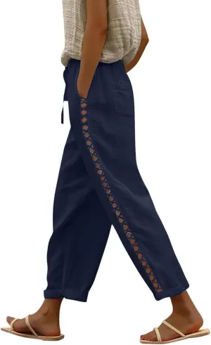 Linen Pants for Women, Casual Pants Peasant Straight Leg Linen Trendy Elastic