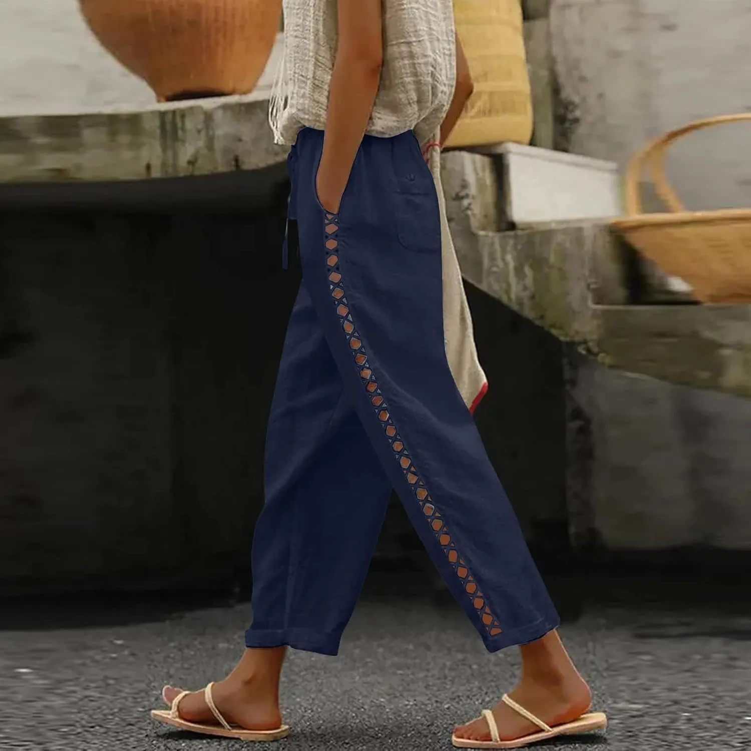 Linen Pants for Women, Casual Pants Peasant Straight Leg Linen Trendy Elastic