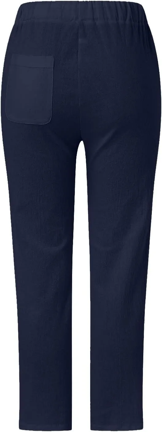 Linen Pants for Women, Casual Pants Peasant Straight Leg Linen Trendy Elastic
