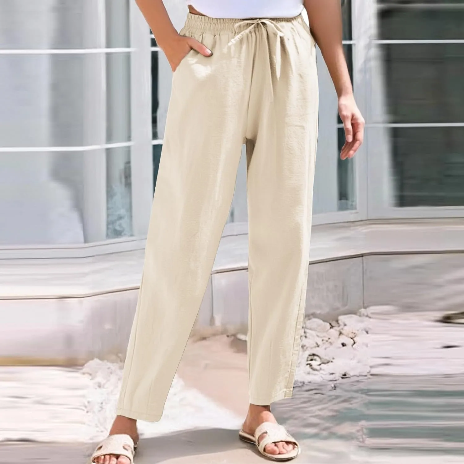 Linen Pants for Women, Peasant Pants Casual Linen Straight Leg Print Trendy