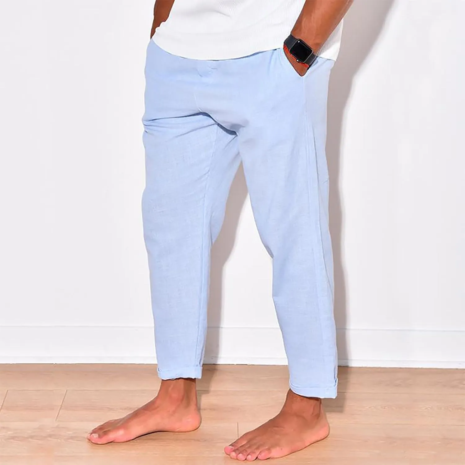 Linen Pants Men Tapered Leg Casual Elastic Waist Summer Beach Pants Lightweight Breathable Yoga Vacation Trousers