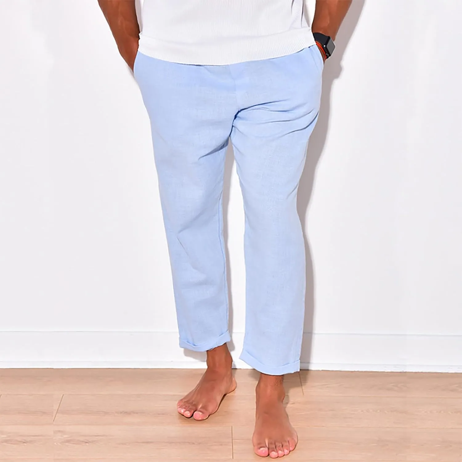 Linen Pants Men Tapered Leg Casual Elastic Waist Summer Beach Pants Lightweight Breathable Yoga Vacation Trousers