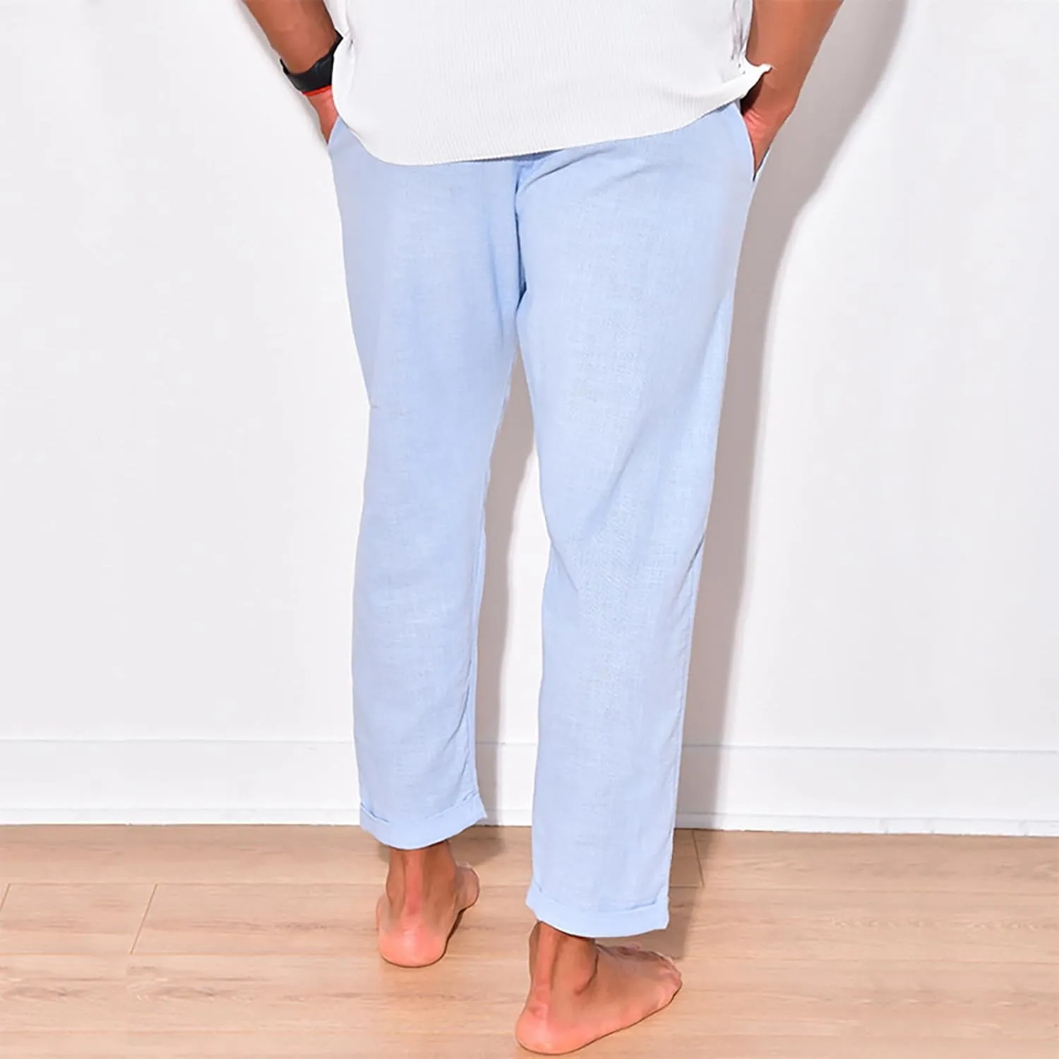 Linen Pants Men Tapered Leg Casual Elastic Waist Summer Beach Pants Lightweight Breathable Yoga Vacation Trousers