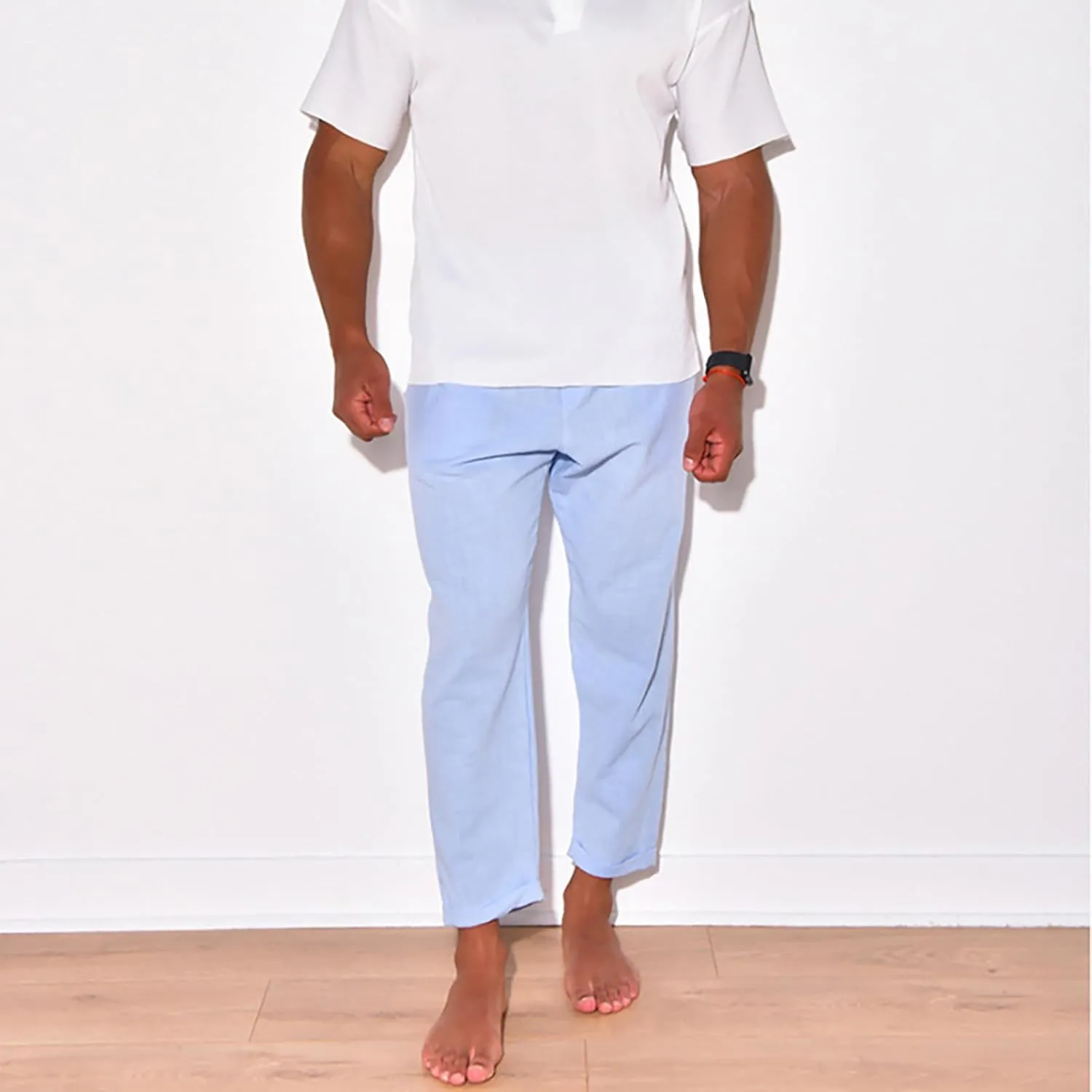 Linen Pants Men Tapered Leg Casual Elastic Waist Summer Beach Pants Lightweight Breathable Yoga Vacation Trousers