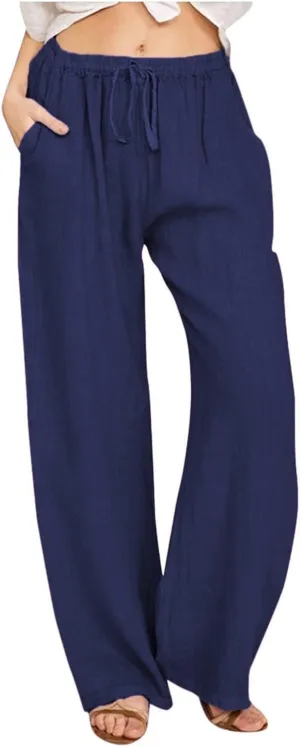 Linen Wide Leg Pants Woman Summer High Waisted Beach Pants Casual Trousers Drawstring Lounge Pants with Pockets