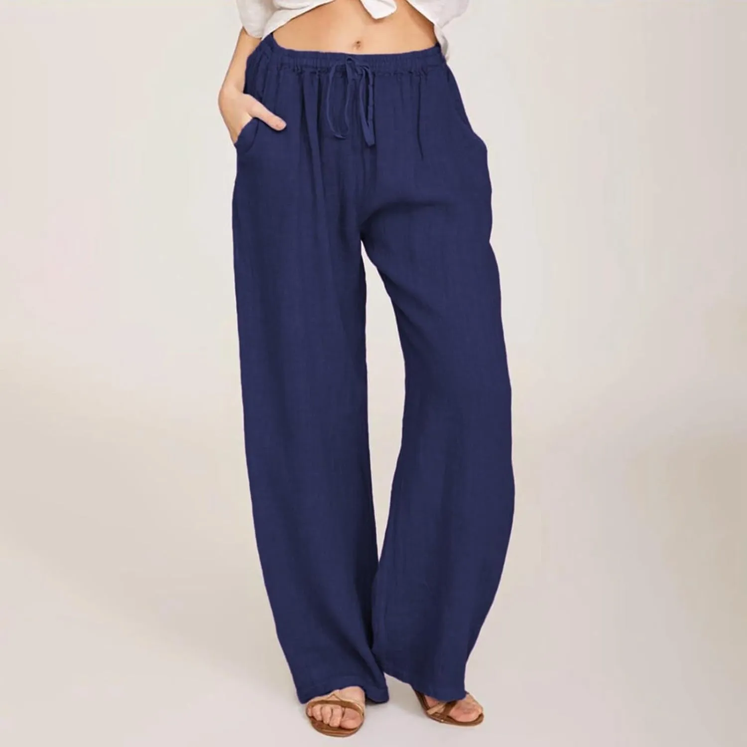 Linen Wide Leg Pants Woman Summer High Waisted Beach Pants Casual Trousers Drawstring Lounge Pants with Pockets