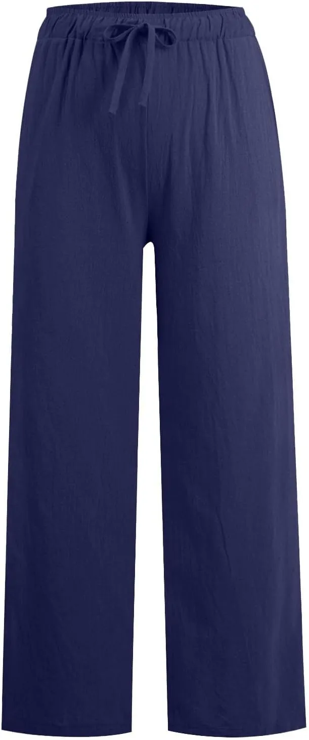 Linen Wide Leg Pants Woman Summer High Waisted Beach Pants Casual Trousers Drawstring Lounge Pants with Pockets