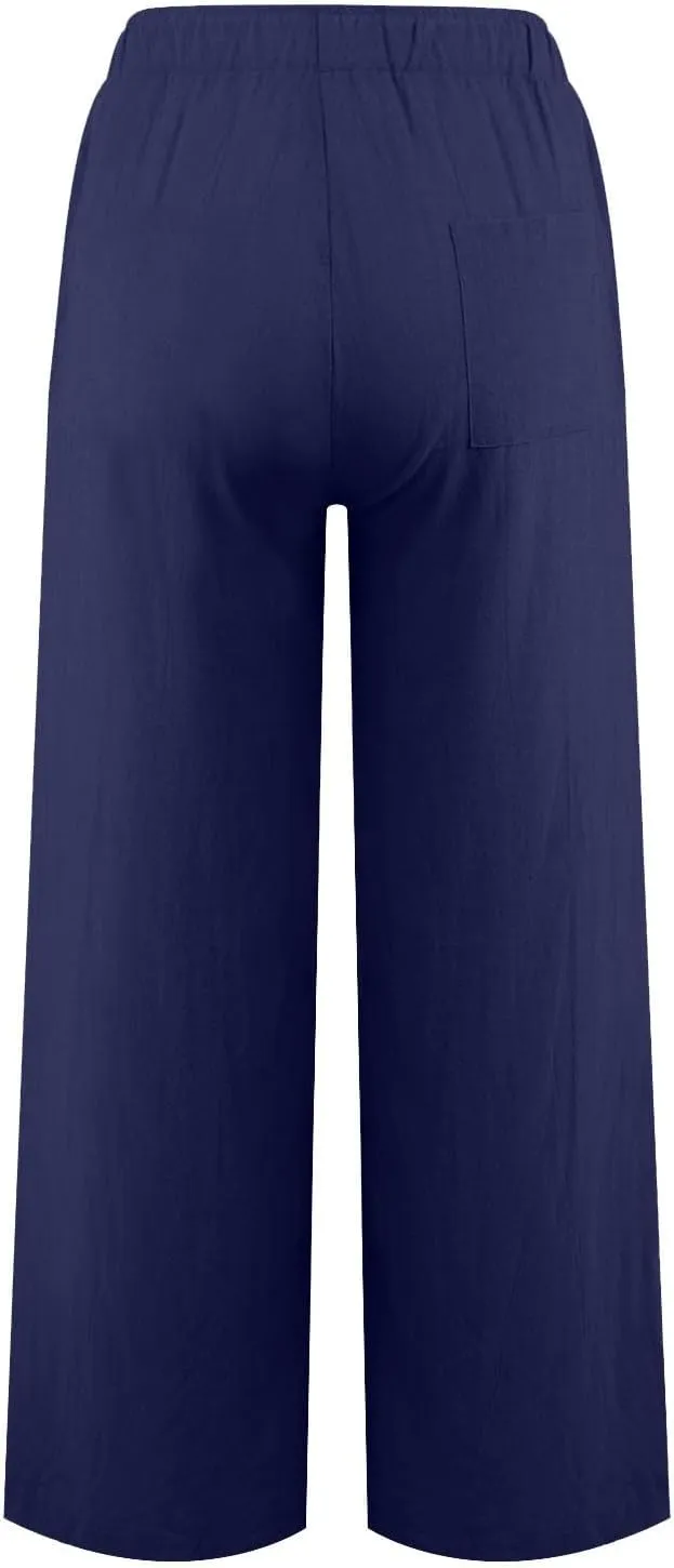 Linen Wide Leg Pants Woman Summer High Waisted Beach Pants Casual Trousers Drawstring Lounge Pants with Pockets