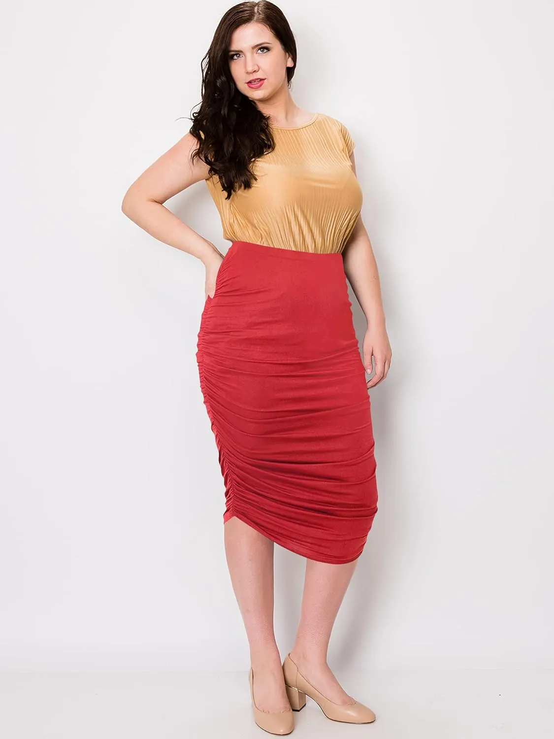 Made By Johnny Women's Slim fit Bodycon Party Club Night Out Elegant Ruched High Waist Long Pencil Skirt with Side Shirring