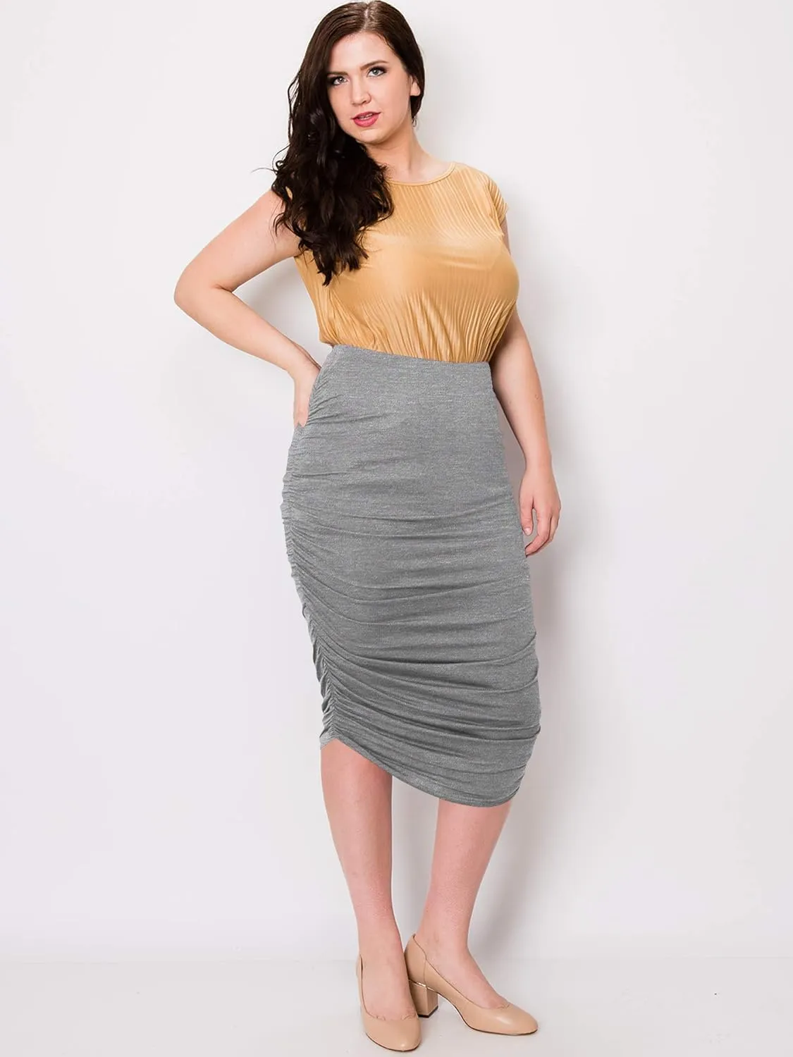 Made By Johnny Women's Slim fit Bodycon Party Club Night Out Elegant Ruched High Waist Long Pencil Skirt with Side Shirring