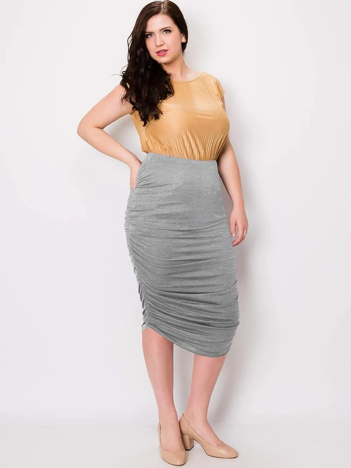 Made By Johnny Women's Slim fit Bodycon Party Club Night Out Elegant Ruched High Waist Long Pencil Skirt with Side Shirring