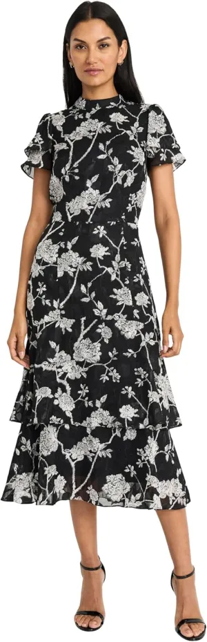 Maggy London Women's Elegant Midi Ruffled Sleeves-High Neck-Tiered Skirt-Versatile Cocktail Dress