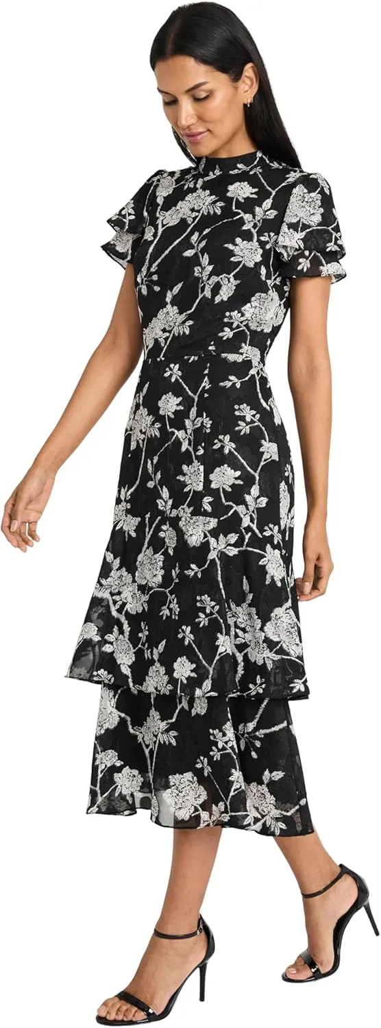 Maggy London Women's Elegant Midi Ruffled Sleeves-High Neck-Tiered Skirt-Versatile Cocktail Dress