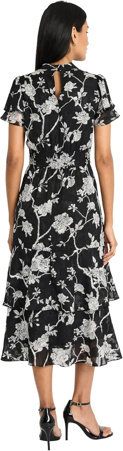Maggy London Women's Elegant Midi Ruffled Sleeves-High Neck-Tiered Skirt-Versatile Cocktail Dress