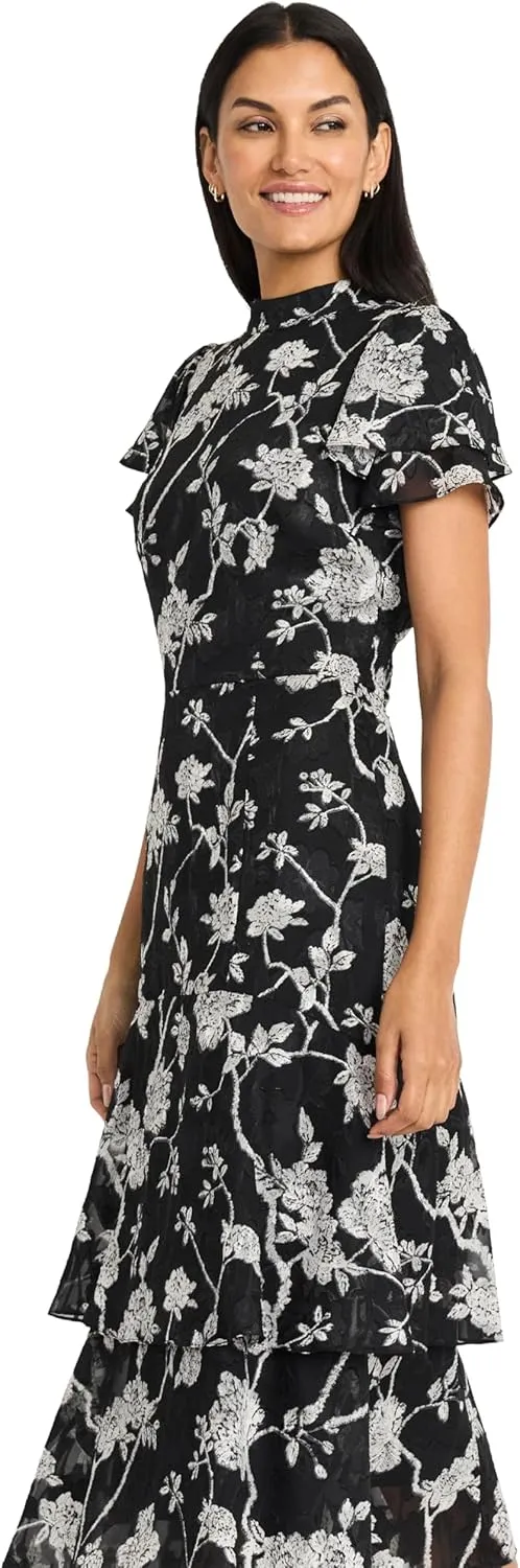 Maggy London Women's Elegant Midi Ruffled Sleeves-High Neck-Tiered Skirt-Versatile Cocktail Dress