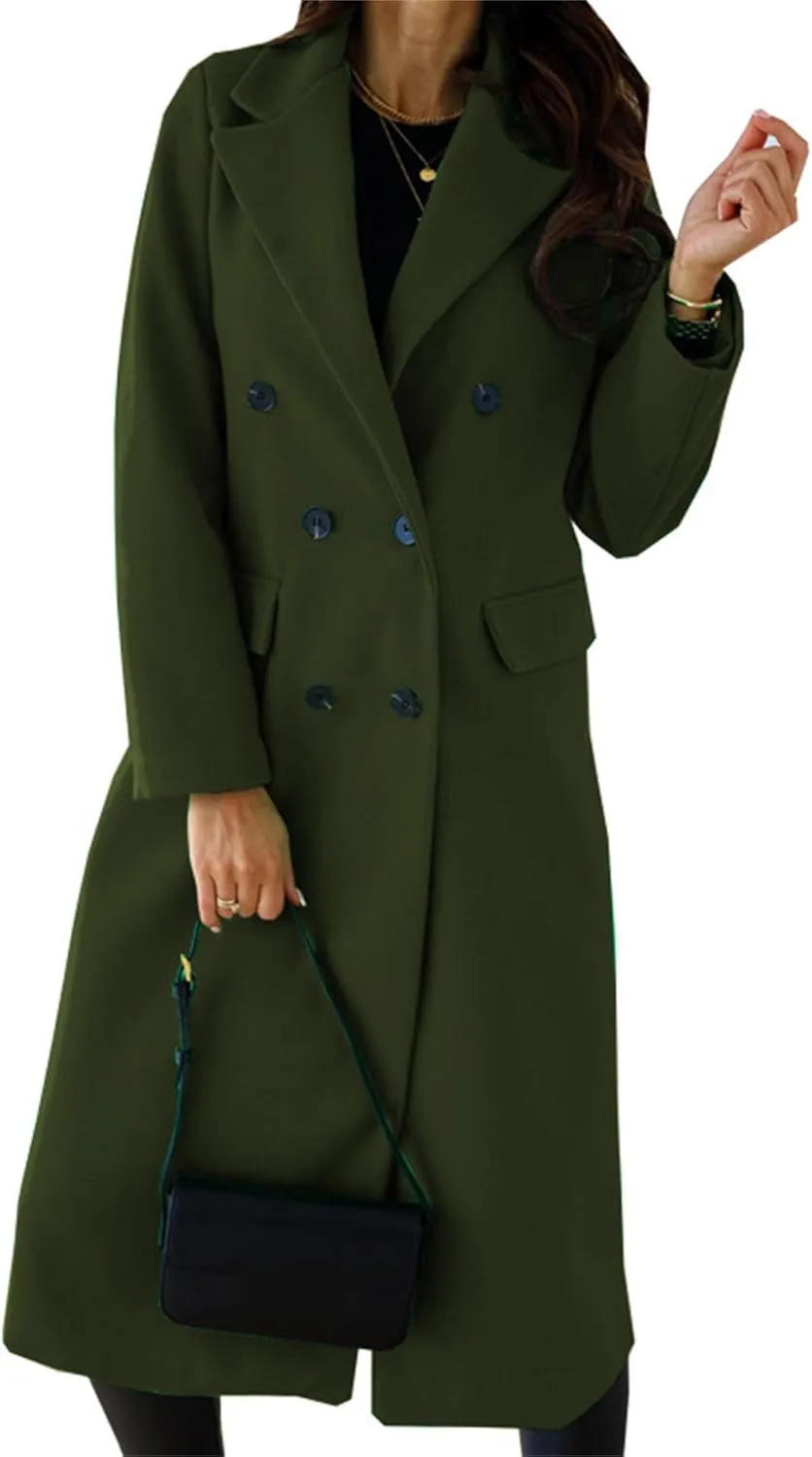 Maiyifu-GJ Wool Blend Coat for Women Notched Collar Double Breasted Trench Coat Fall Winter Elegant Long Jacket Outerwear