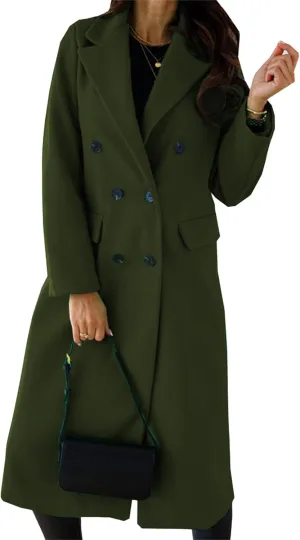 Maiyifu-GJ Wool Blend Coat for Women Notched Collar Double Breasted Trench Coat Fall Winter Elegant Long Jacket Outerwear