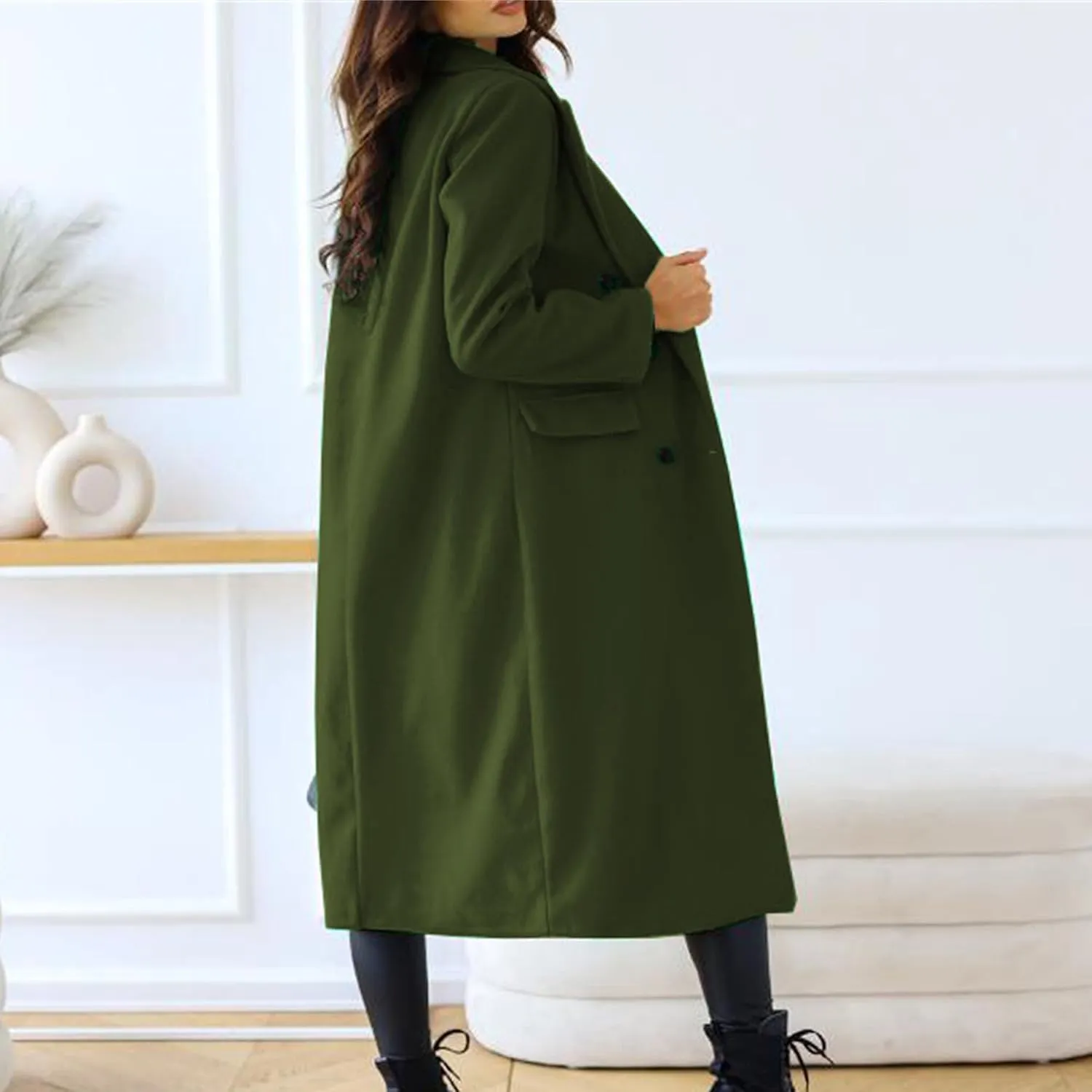 Maiyifu-GJ Wool Blend Coat for Women Notched Collar Double Breasted Trench Coat Fall Winter Elegant Long Jacket Outerwear