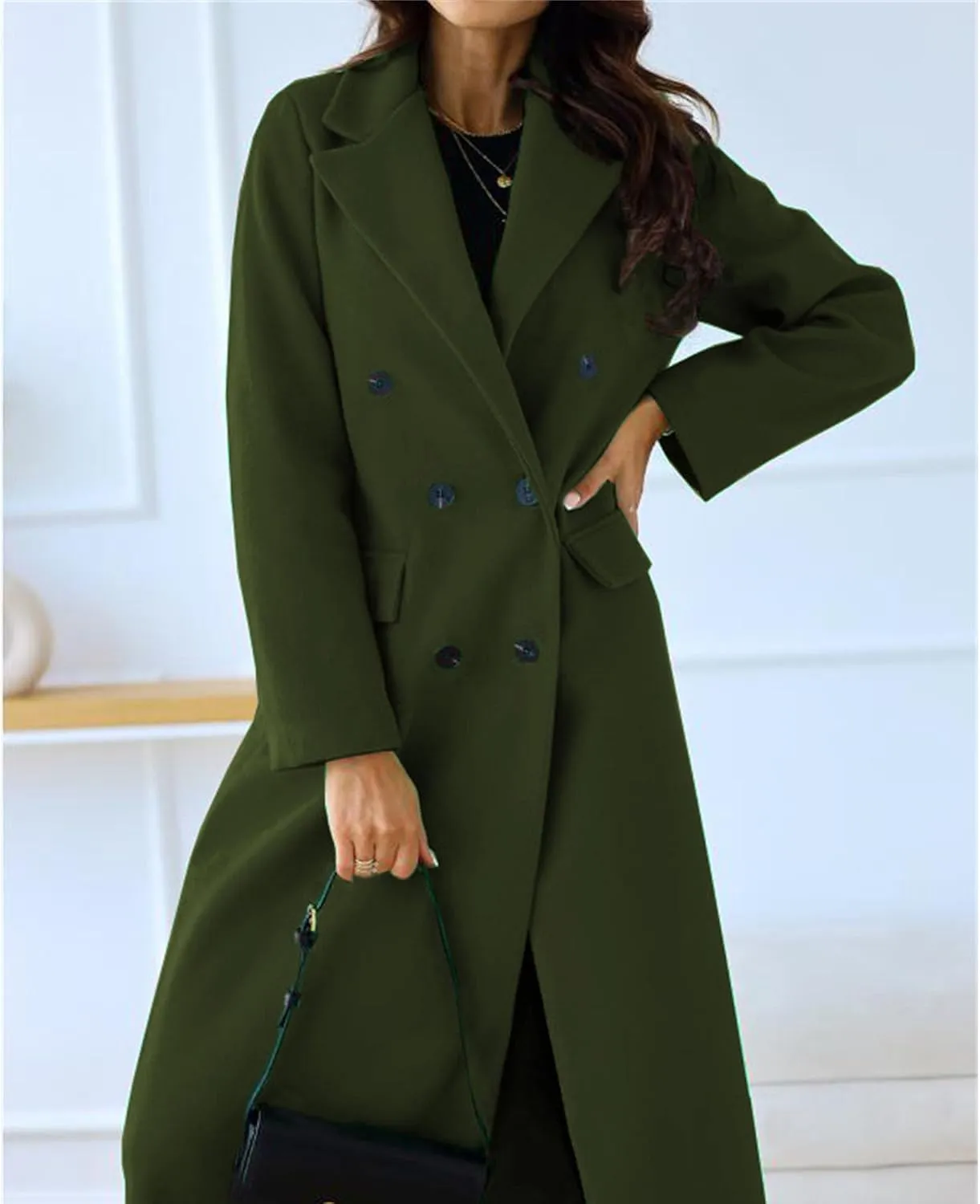 Maiyifu-GJ Wool Blend Coat for Women Notched Collar Double Breasted Trench Coat Fall Winter Elegant Long Jacket Outerwear