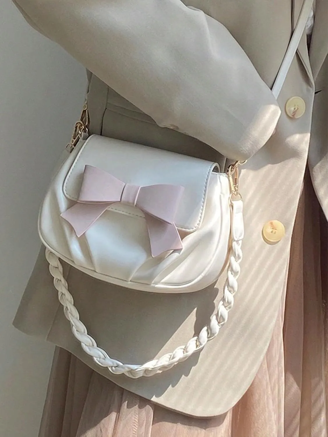MakeMeChic Women's PU Leather Bow Flap Trendy Shoulder Bag Small Satchel Handbags