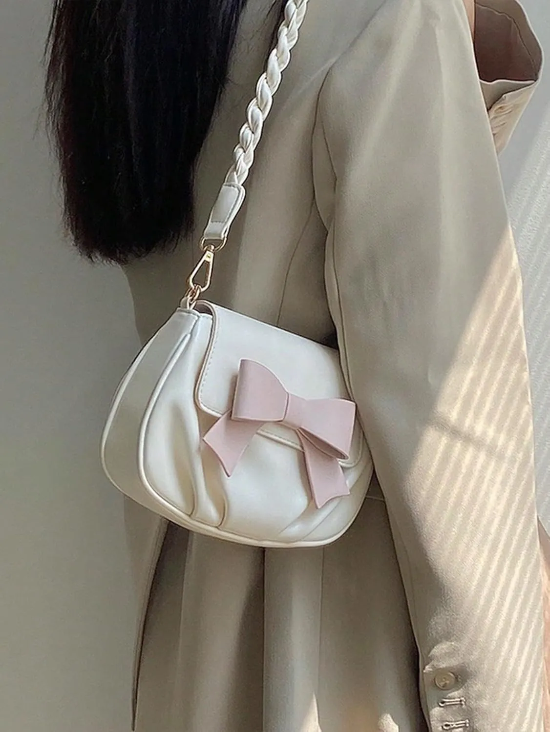 MakeMeChic Women's PU Leather Bow Flap Trendy Shoulder Bag Small Satchel Handbags