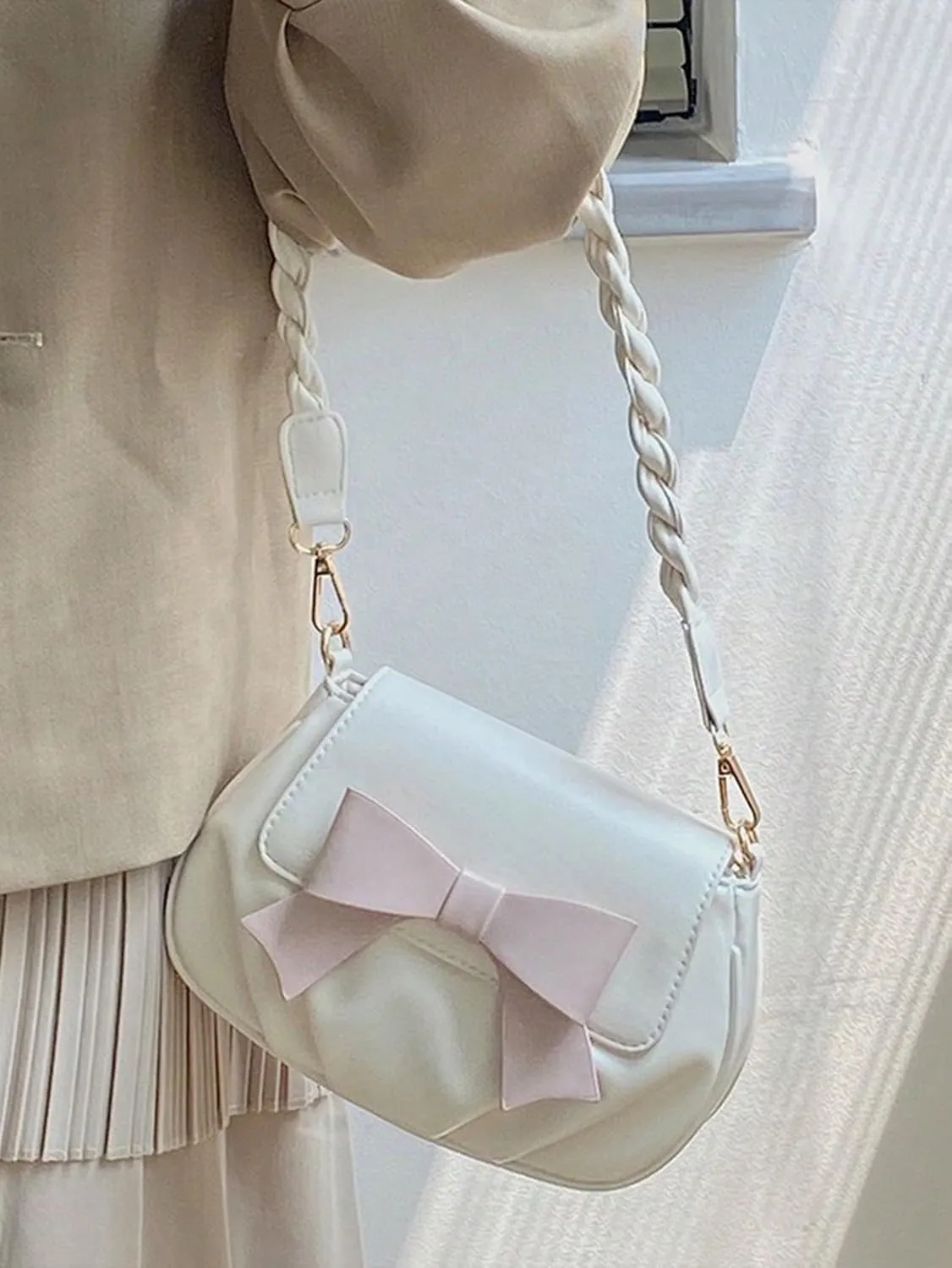 MakeMeChic Women's PU Leather Bow Flap Trendy Shoulder Bag Small Satchel Handbags