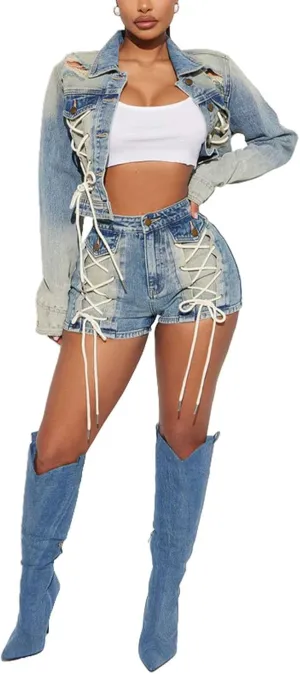 Mandonce Denim Outfits For Women Long Sleeve Lapel Strappy Ripped Jeans Jacket and High Waist Vintage Jeans Shorts Trendy