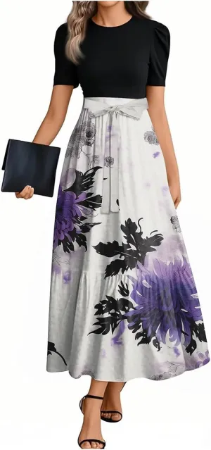 Maxi Flower Print 2025 Dresses for Women, Beach Elegant Womens Jumpsuit Spring Bow Crew Neck Rompers for Women