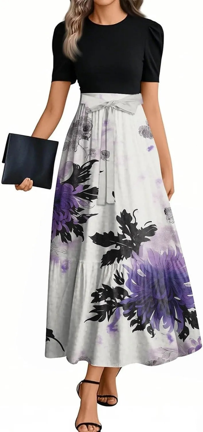Maxi Flower Print 2025 Dresses for Women, Beach Elegant Womens Jumpsuit Spring Bow Crew Neck Rompers for Women