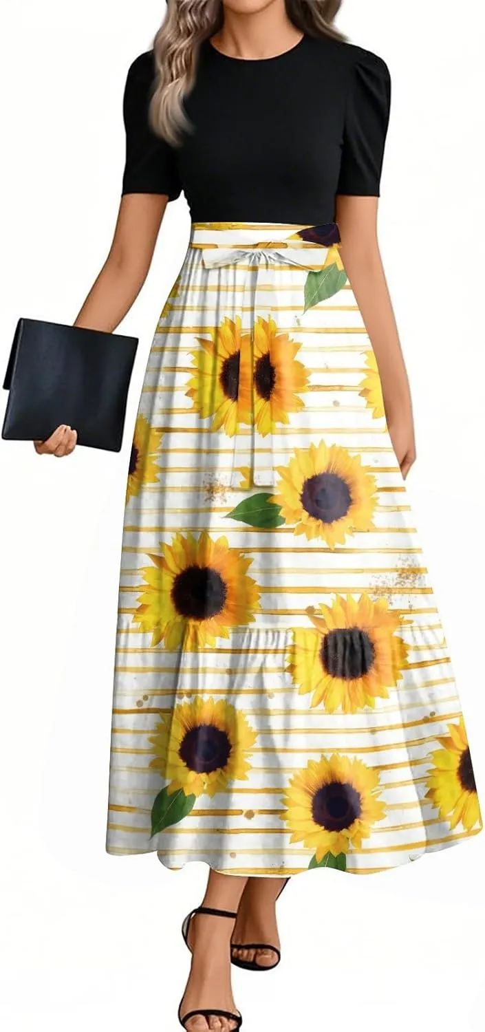Maxi Flower Print 2025 Womens Dresses, Beach Vacation Womens Jumpsuit Trendy Bow High Waisted Rompers for Women