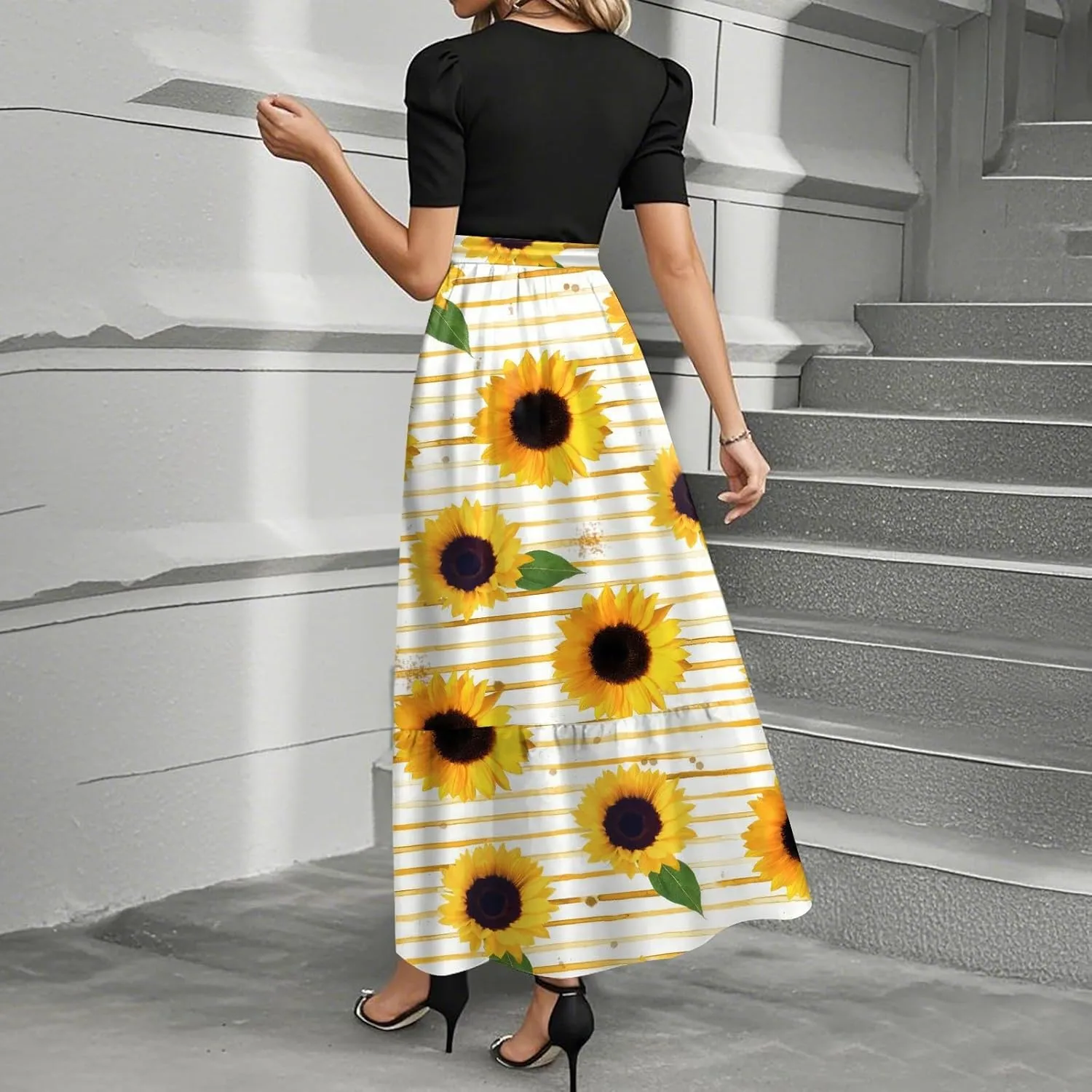Maxi Flower Print 2025 Womens Dresses, Beach Vacation Womens Jumpsuit Trendy Bow High Waisted Rompers for Women