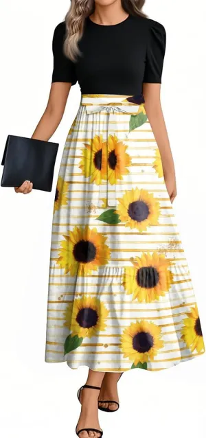 Maxi Flower Print 2025 Womens Dresses, Beach Vacation Womens Jumpsuit Trendy Bow High Waisted Rompers for Women