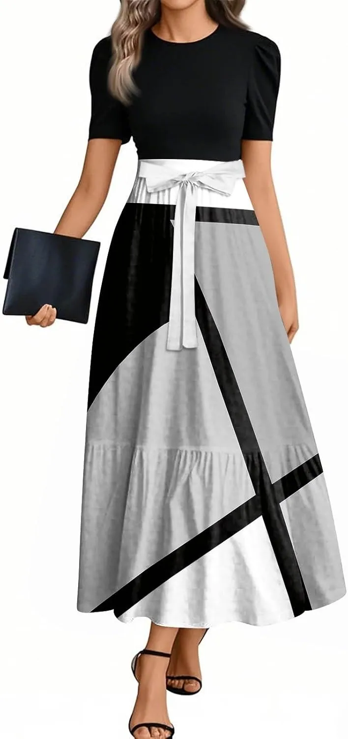 Maxi Striped Prints 2025 Dresses, Beach Boho Women's Jumpsuits Trendy Bow Crew Neck Rompers for Women