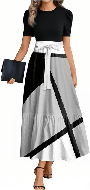 Maxi Striped Prints 2025 Dresses, Beach Boho Women's Jumpsuits Trendy Bow Crew Neck Rompers for Women