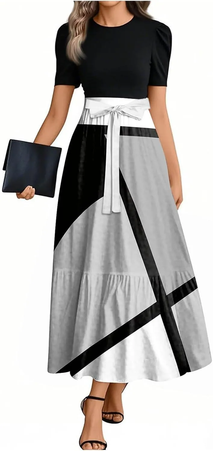Maxi Striped Prints 2025 Dresses, Beach Boho Women's Jumpsuits Trendy Bow Crew Neck Rompers for Women