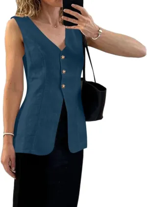Melliflo Womens Summer Long Linen Vest Casual Sleeveless V Neck Button Down Tops Casual Summer Vest with Pocket