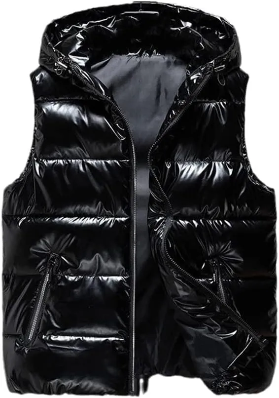 Men Winter Bright Hooded Thick Vest Waterproof Cotton Padded Sleeveless Coat Waterproof Thick Waistcoat