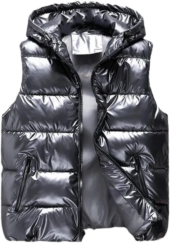 Men Winter Bright Hooded Thick Vest Waterproof Cotton Padded Sleeveless Coat Waterproof Thick Waistcoat