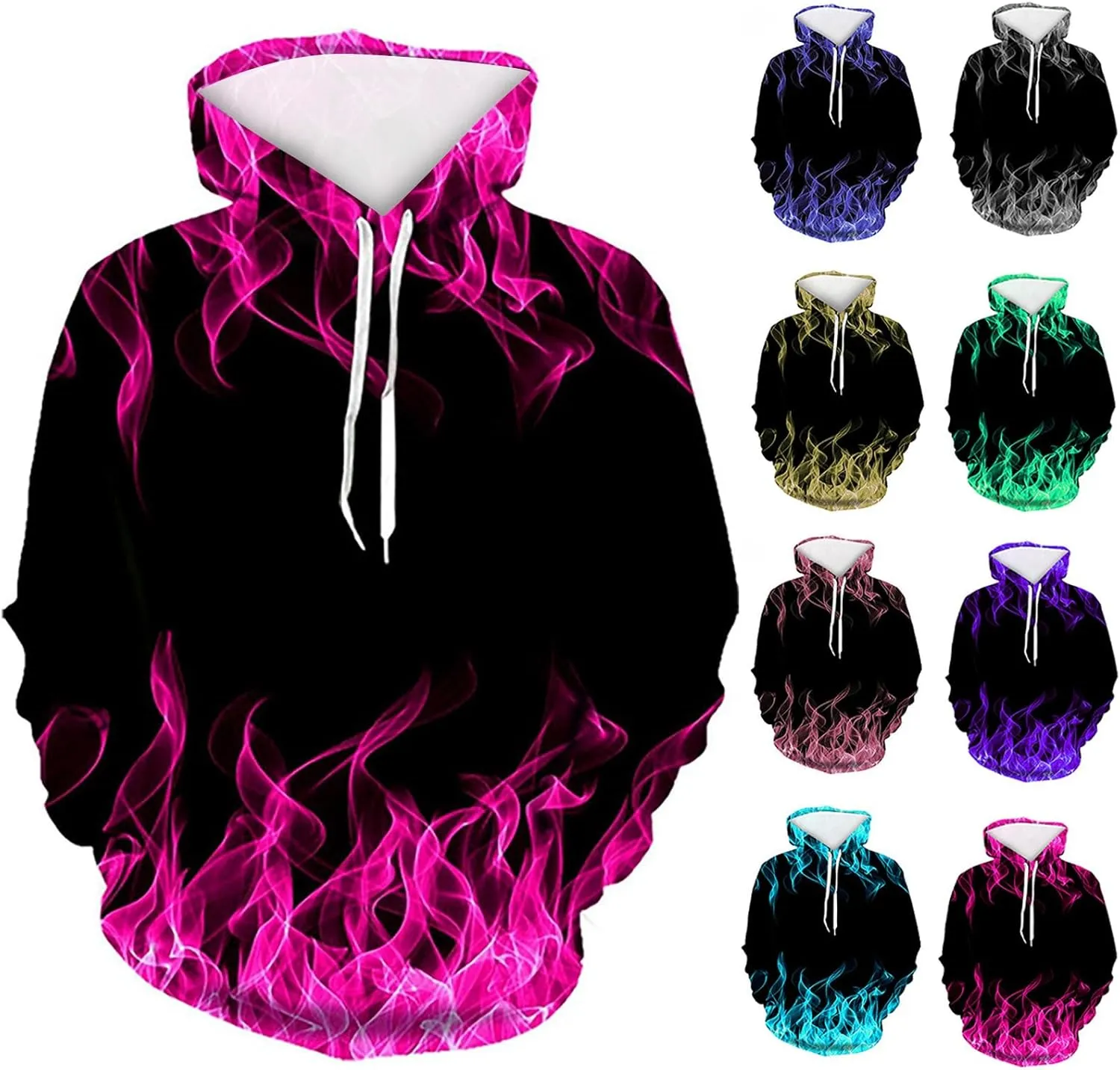 Men Women Unisex Novelty Hoodies 3D Flame Graphic Print Pullover Tops Fashion Fall Winter Hooded Sweatshirts