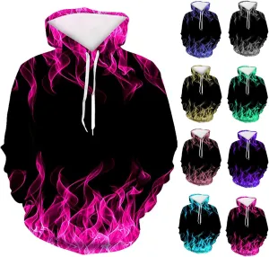 Men Women Unisex Novelty Hoodies 3D Flame Graphic Print Pullover Tops Fashion Fall Winter Hooded Sweatshirts