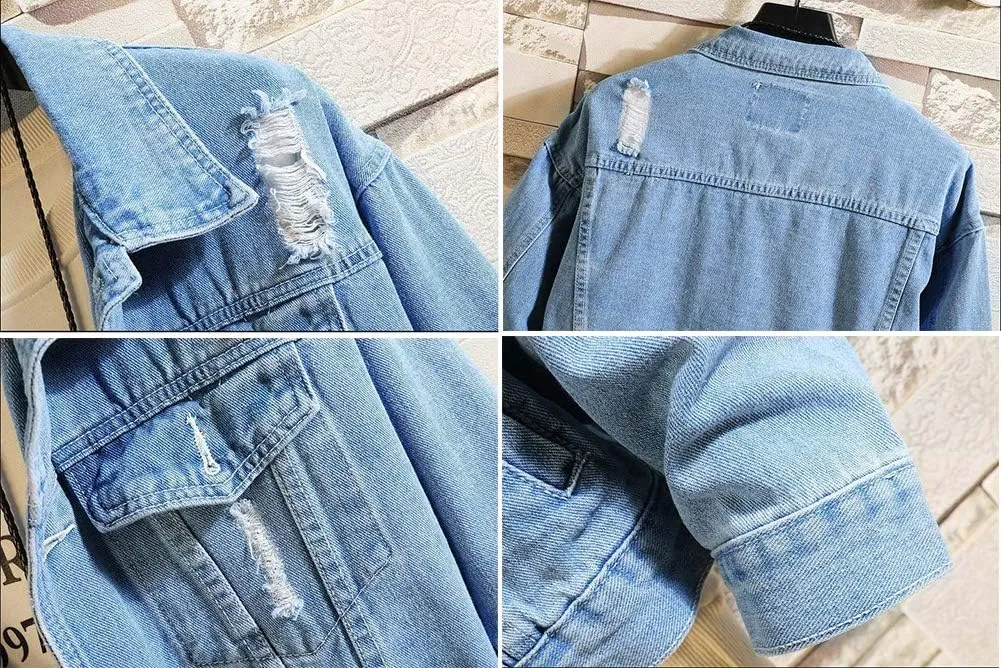 Mens Classic Ripped Motorcycle Denim Jacket With Hole