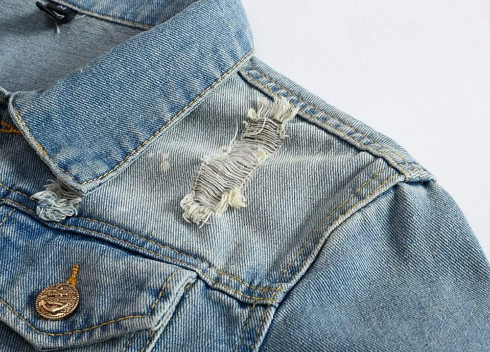 Mens Classic Ripped Motorcycle Denim Jacket With Hole