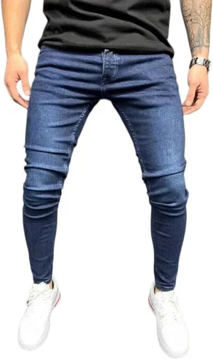 Mens Denim Jeans Slim Fit Stretch Casual Flat Front Classic Straight Essential Denim Jeans Pants with Small Feet