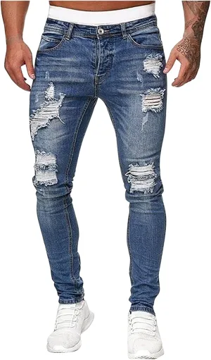 Men's Distressed Moto Biker Jeans Slim Fit Fashion Stretch Denim Pants Side Striped Ripped Skinny Jeans with Pockets