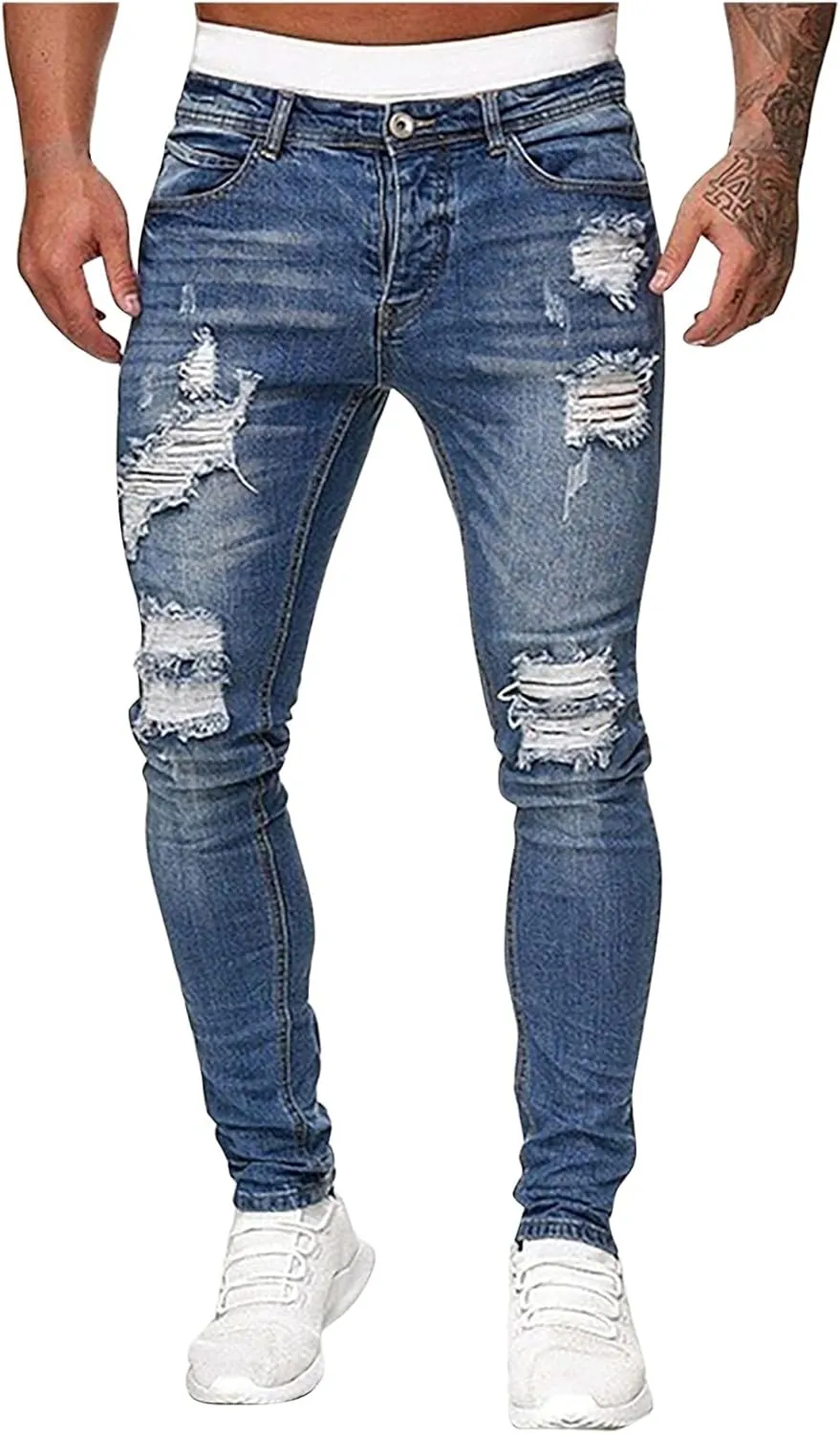 Men's Distressed Moto Biker Jeans Slim Fit Fashion Stretch Denim Pants Side Striped Ripped Skinny Jeans with Pockets