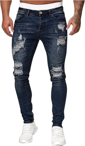 Men's Distressed Moto Biker Jeans Slim Fit Fashion Stretch Denim Pants Side Striped Ripped Skinny Jeans with Pockets