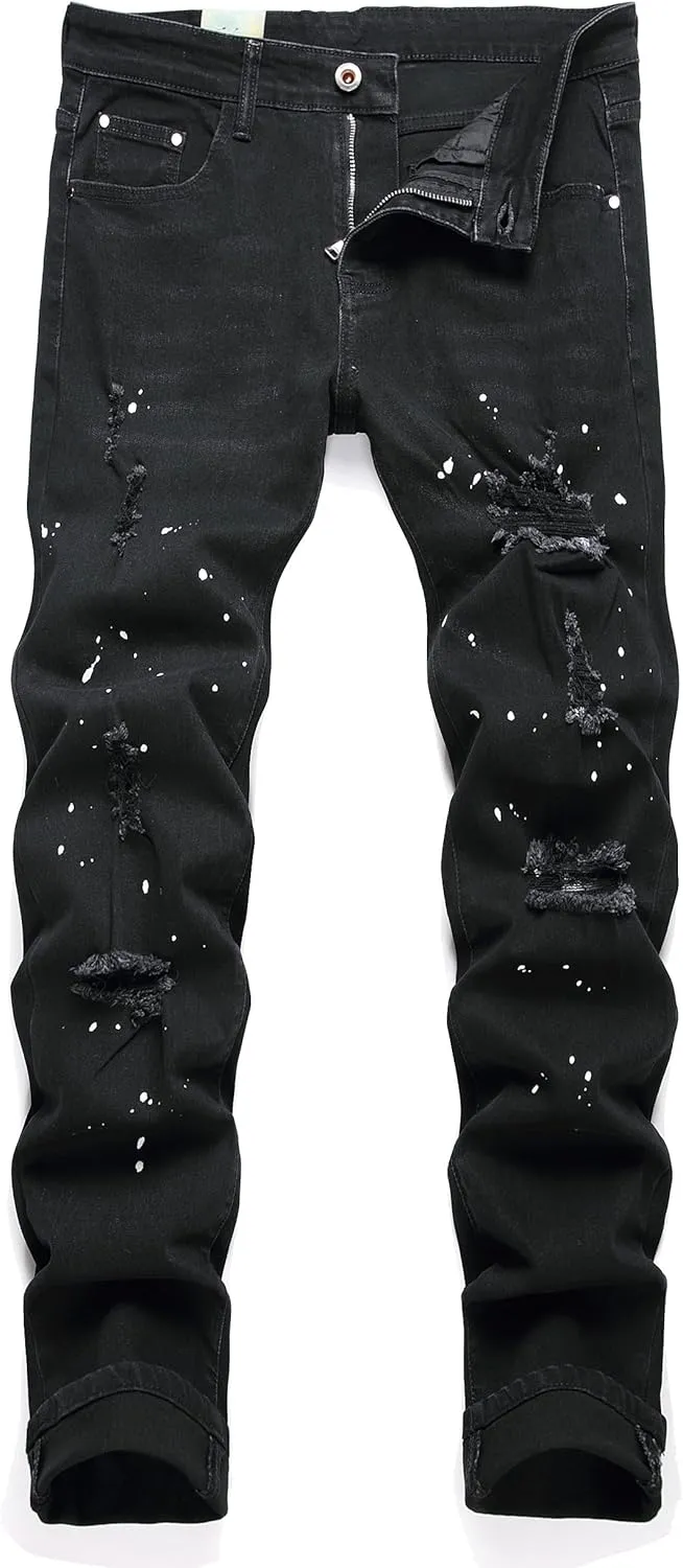 Men's Fashion Washed Perforated Elastic Slim Fit Jeans