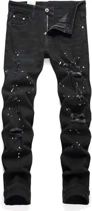 Men's Fashion Washed Perforated Elastic Slim Fit Jeans